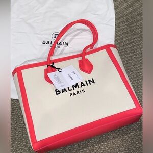 Brand New Balmain B-Army Leather-Trimmed Canvas Tote in Pink Trim